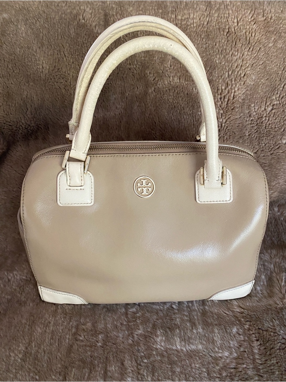 Tory Burch Taupe with Cream Trim Leather Satchel